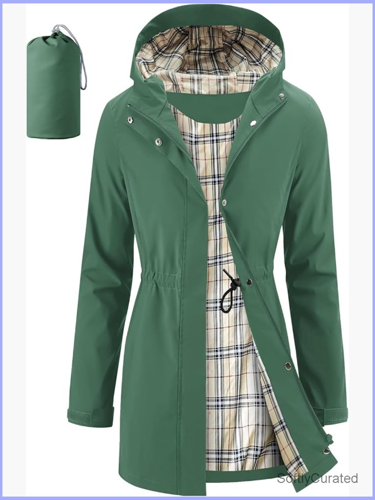 Packable Rain Jacket Hooded Plaid Lined Trench Coat Waterproof Windproof